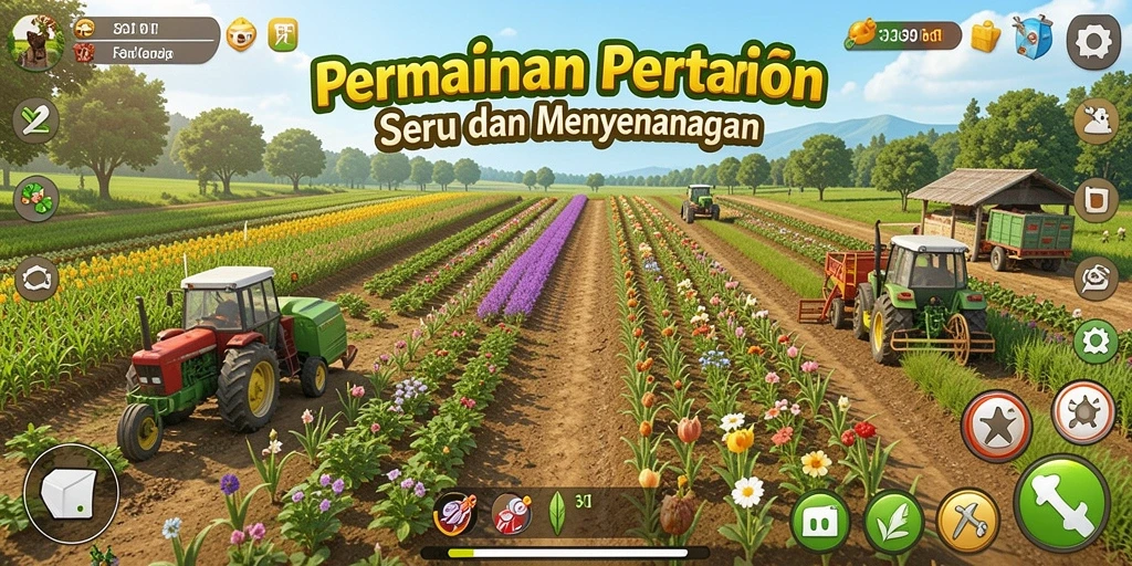 Tangkapan layar permainan 333I yang menunjukkan aktivitas bertani yang seru.