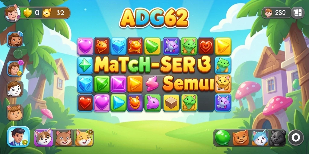 Screenshot permainan ADG62 menampilkan aksi mencocokkan permata yang penuh warna.