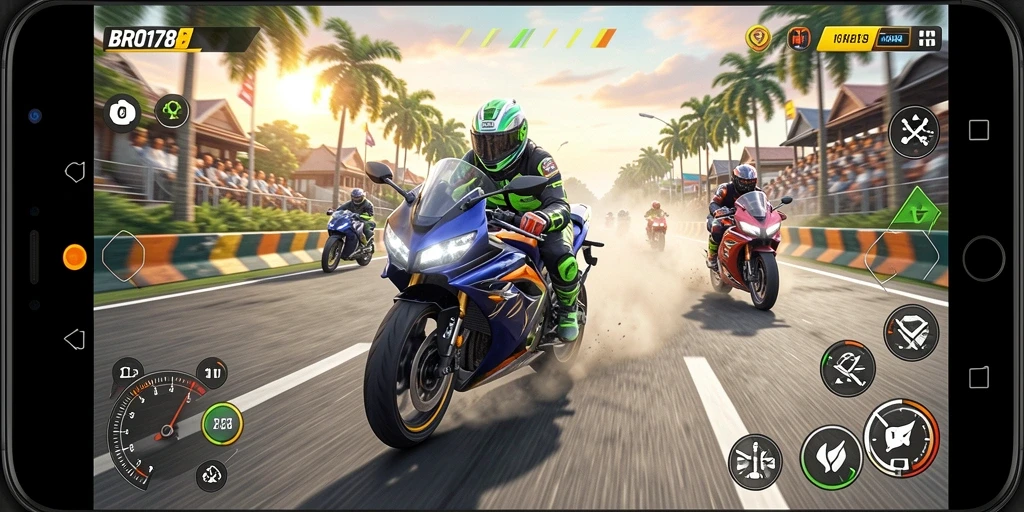 Gameplay mendebarkan di BRO178 dengan balapan motor yang seru.