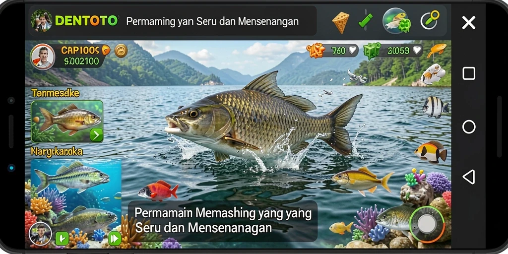 Tampilan gameplay DENTOTO menampilkan aksi memancing yang seru.