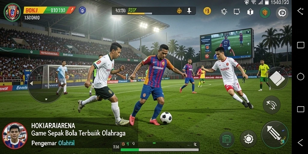 Screenshot HOKIARENA menampilkan aksi seru di lapangan sepak bola.