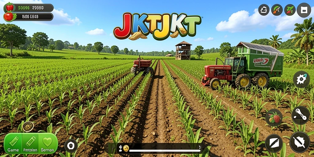 Tangkapan layar gameplay JKTJKT dengan aktivitas bertani yang seru.