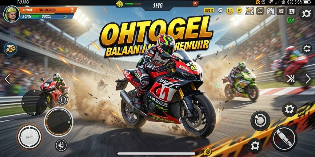 Tampilan gameplay OHTOGEL dengan motor balap melaju kencang di trek.