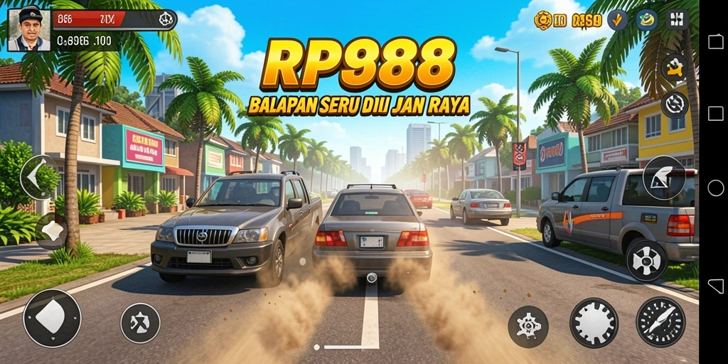 Tampilan gameplay seru dalam balapan RP888 dengan grafik menakjubkan.