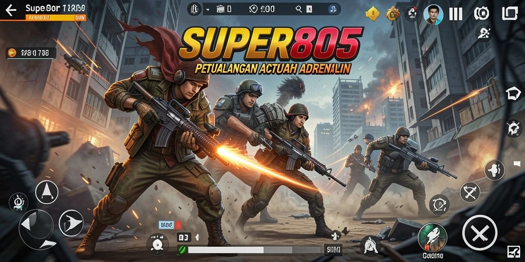 Tangkapan layar utama SUPER805 yang menunjukkan aksi mendebarkan di lapangan pertempuran.